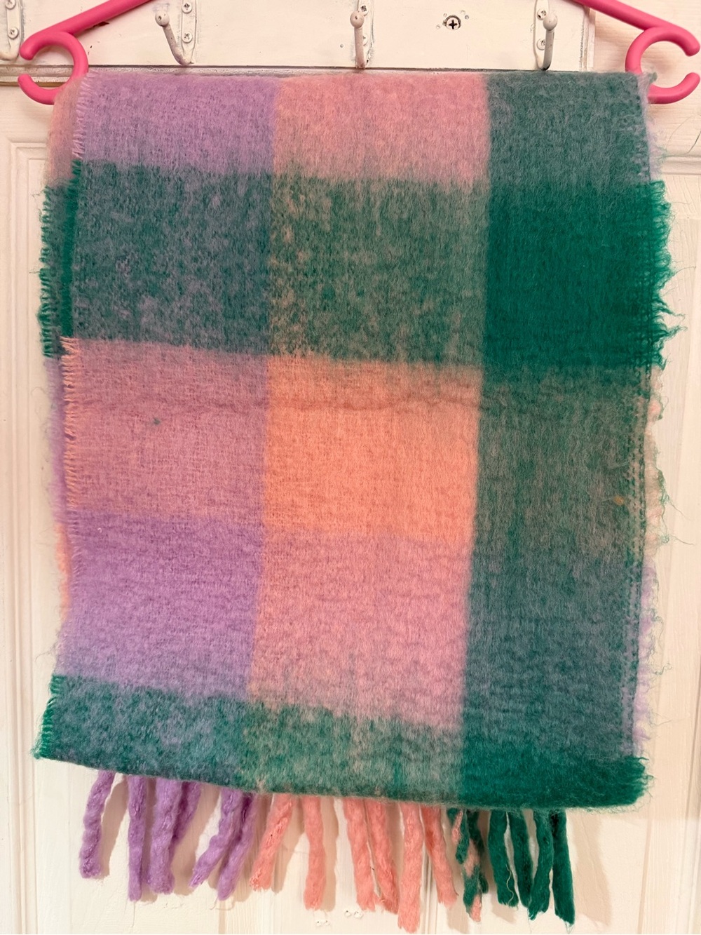 Soft Plaid Fringe Throw Blanket in Pink, Lavender & Green